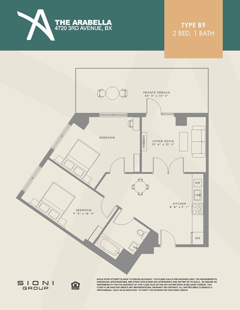 Floor plan for 2 beds, 1 bath, 789 sqft